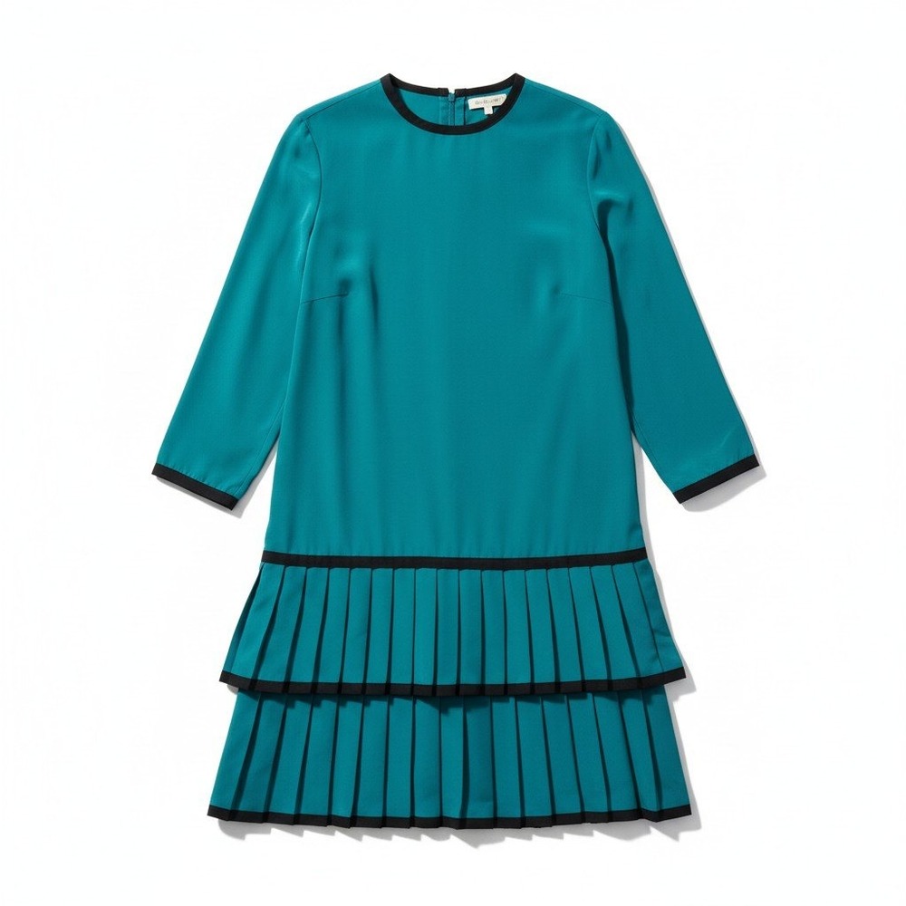 Caron Peters Teal Blue Drop Waist Pleated Tiered Dress, Woman's Size 8, USA Made
